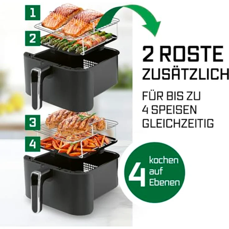 GOURMETmaxx FryUp Vertikale Doppelkammer Heißluftfritteuse, 10L Fassungsvermögen, 2800 W, klappbares Touchdisplay, 12 Programme, platzsparendes Design – Bild 3