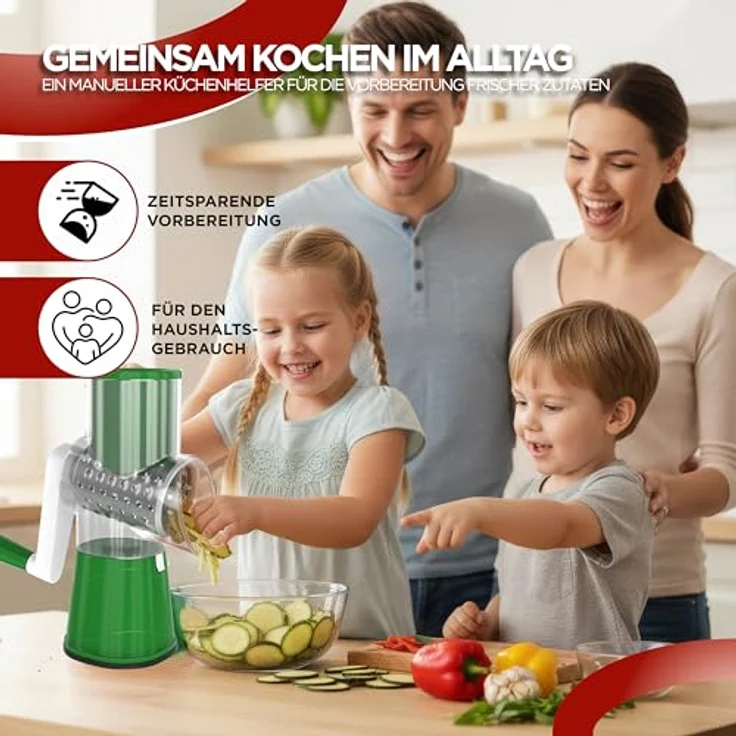 BI International Gemüseschneider mit Kurbel, Trommelreibe mit 3 Edelstahl-Klingen, stabiler Saugfuß und Lebensmittelschieber – Bild 7