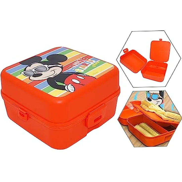 HOVUK Mickey Mouse Lunchbox für Kinder, 14 cm, 3 Fächer, Lunchbox mit Klickverschluss, lebensmittelechte Snackbox für Schule oder Reisen ab 3 Jahren