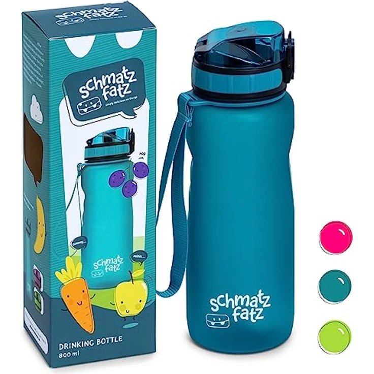 schmatzfatz 800ml, Sport Trinkflasche für Schule Kindergarten, 1-Klick Verschluss, Geschmacksneutrale Wasserflasche, Kinder Auslaufsicher mit Fruchteinsatz, BPA-Frei – Bild 1