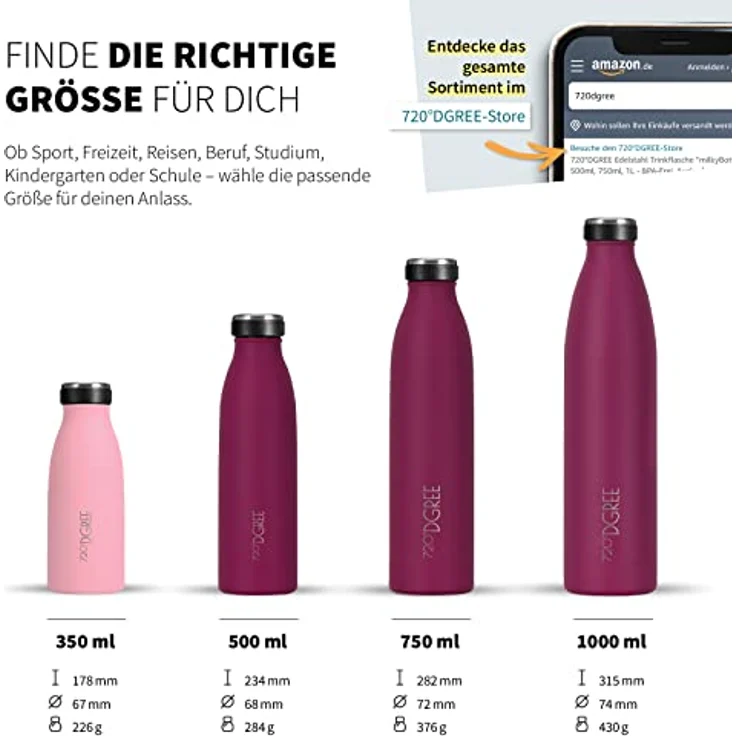 720°DGREE milkyBottle Edelstahl Trinkflasche, 500ml, BPA-frei, auslaufsicher, für kohlensäurehaltige Getränke, ideal für Kinder, Sport und Schule – Bild 3