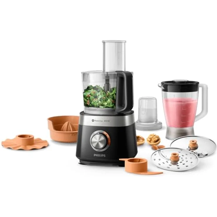 Philips HR7530-10 Küchenmaschine Viva Collection, 850 W, 31 Funktionen, 2L Füllkapazität, 2-in-1 Schneidescheibe, Zitruspressenaufsatz, Standmixeraufsatz, schwarz – Bild 2