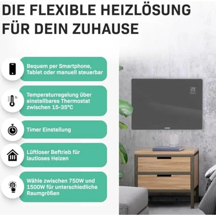 VONROC Elektroheizung, Konvektor-Heizung - elektrische Heizung bis 24m2 - LED Anzeige, leise, 2 Stufen 1000W & 2000W, Manuelle/App Steuerung - grau – Bild 3