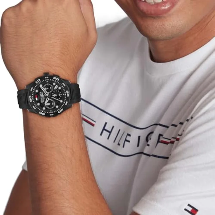 Tommy Hilfiger Chronographen-Quarzuhr mit Kalender für Herren, schwarzes Silikonarmband, 44 mm Gehäuse, 10 ATM wasserdicht, schwarzes Zifferblatt – Bild 4