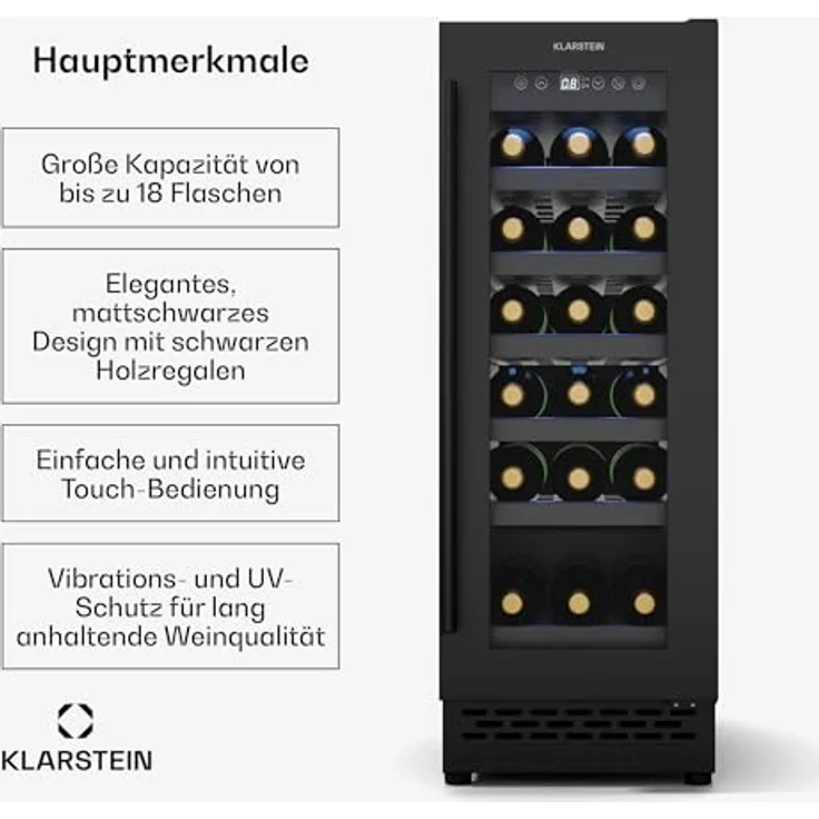 Klarstein Vinovilla 18 Uno Weinkühlschrank Einbau, 18 Flaschen, 1 Zone, 5-18 °C, LED-Touch, leise 38 dB, mattschwarz, beleuchtet – Bild 2