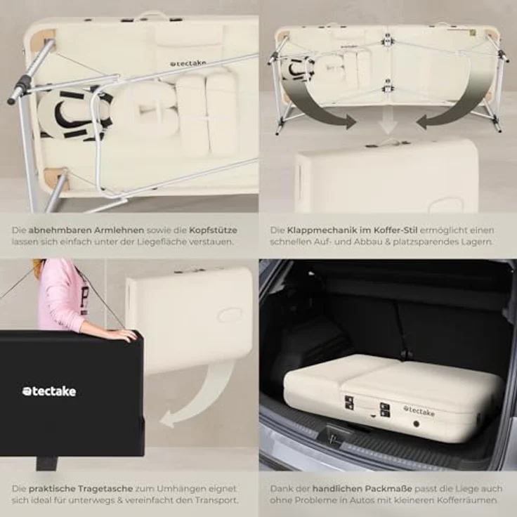 tectake Massageliege Phuket, 3-Zonen, höhenverstellbar, klappbar, Beige, Metall, 103x90x212 cm, inklusive 15 Einweg-Nasenschlitztüchern – Bild 5