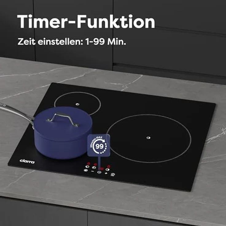 CIARRA CABBIH3-F Induktionskochfeld 60 cm, Einbaukochfeld mit 3 Platten, Touch-Bedienung, 9 Leistungsstufen, Timer, abschaltautomatisch, Restwärmeanzeige, Kindersicherung – Bild 5
