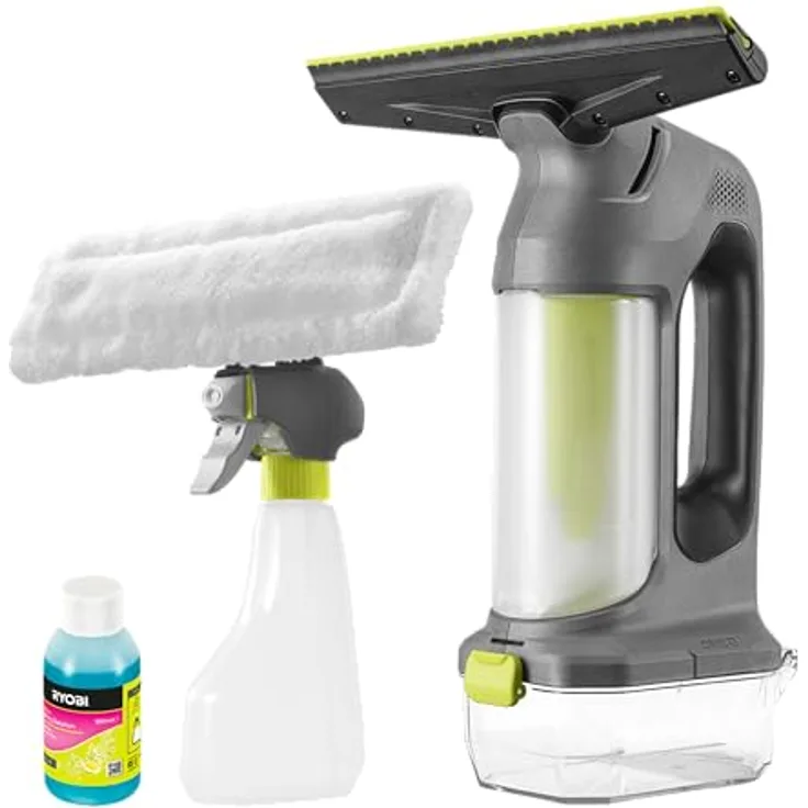 RYOBI 18 V ONE+ Akku-Fenstersauger RWV18-0, inkl. Sprühflasche und Mikrofasertuch, 27,5 cm Wischbreite, bis zu 420 Minuten Akkulaufzeit