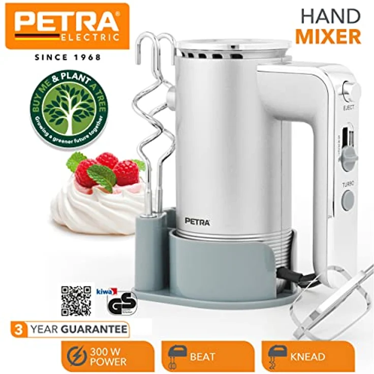Petra PT5250VDEEU10 Handmixer mit Aufbewahrungshalterung - elektrischer Handrührer Schneebesen mit 5 Geschwindigkeiten and Turbo-Funktion, inkl. 2 Rührbesen/2 Knethaken, Schlagen/Kneten, 300 W, silber – Bild 2