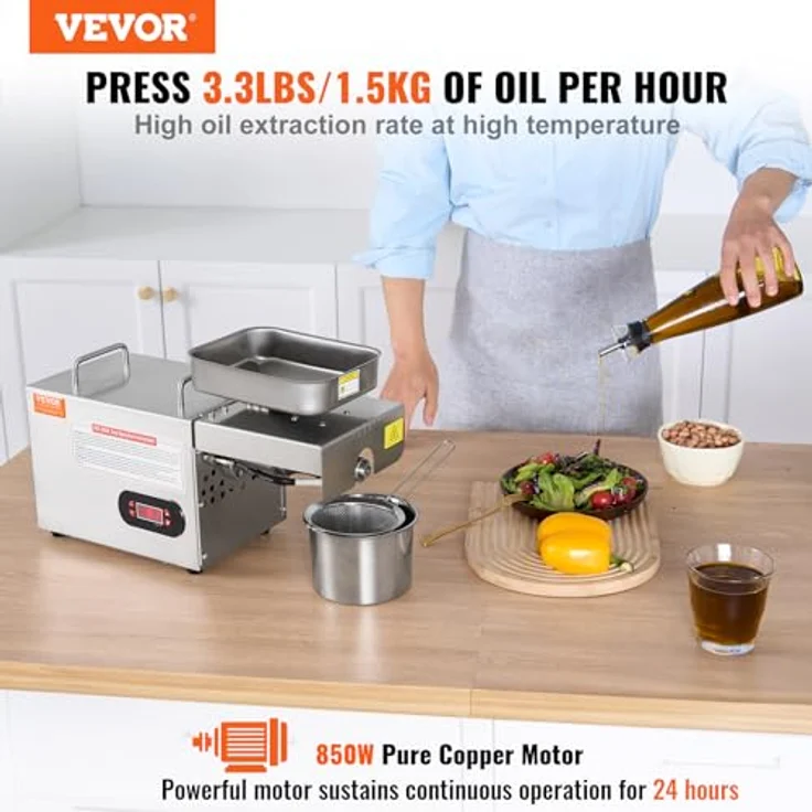 VEVOR Elektrische Ölpresse, 850 W aus Edelstahl, einstellbare Temperatur, Heißpresse-Ölpresse für Erdnüsse, Sesam, Raps, Tee - VEVOR – Bild 2