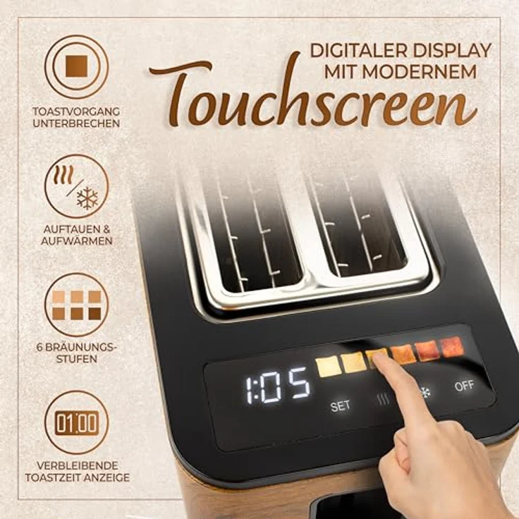 BLACKVAPOR Smart Toaster, digitaler Premium Toaster mit Touchscreen, edler Holzoptik, Doppelschlitzen, 6 Bräunungsstufen, Auftau- und Aufwärmfunktion, Brötchenaufsatz, Unterbrechungsfunktion – Bild 3