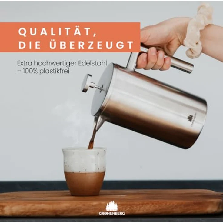 Groenenberg Spar Set 5 | French Press Thermo (3 Größen) + Edelstahl Kaffeemühle manuell | Handkaffeemühle | Kaffeepresse inkl. Ersatzfiltern (1 Liter French Press) – Bild 2