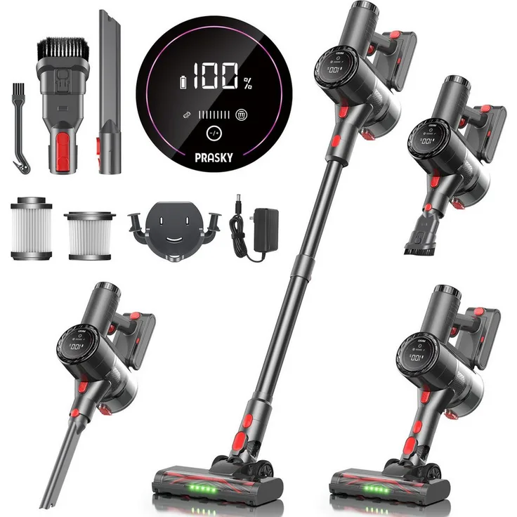 PRASKY Hand- und Stielstaubsauger mit 550W, 45 kPa Saugleistung, freistehend, mit LED, für Teppich & Hartboden, Geräuschpegel <70 dB(A), mit Beutel