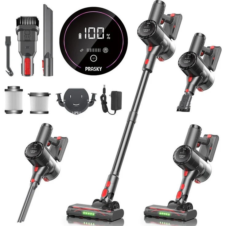 PRASKY Hand- und Stielstaubsauger mit 550W, 45 kPa Saugleistung, freistehend, mit LED, für Teppich & Hartboden, Geräuschpegel <70 dB(A), mit Beutel