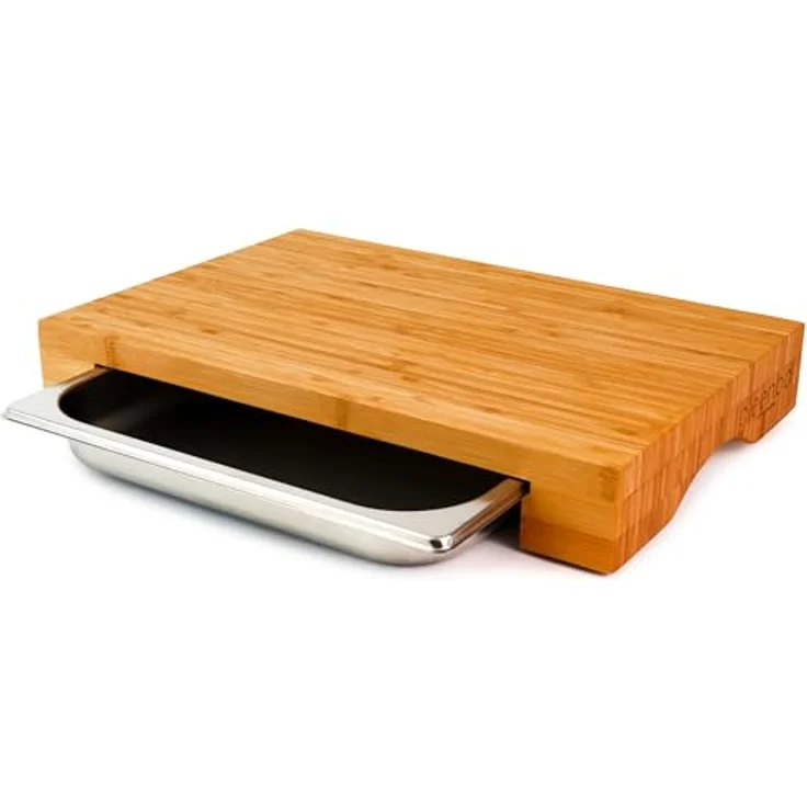 cleenbo® Schneidbrett mit Auffangschale "cube bamboo" Profi Holz Küchenbrett aus Bambus - Schneidebrett mit Auffangbehälter (Gastro Edelstahl Auffangwanne/Behälter), Bambusbrett Maße: 43 x 29 x 7 cm – Bild 1