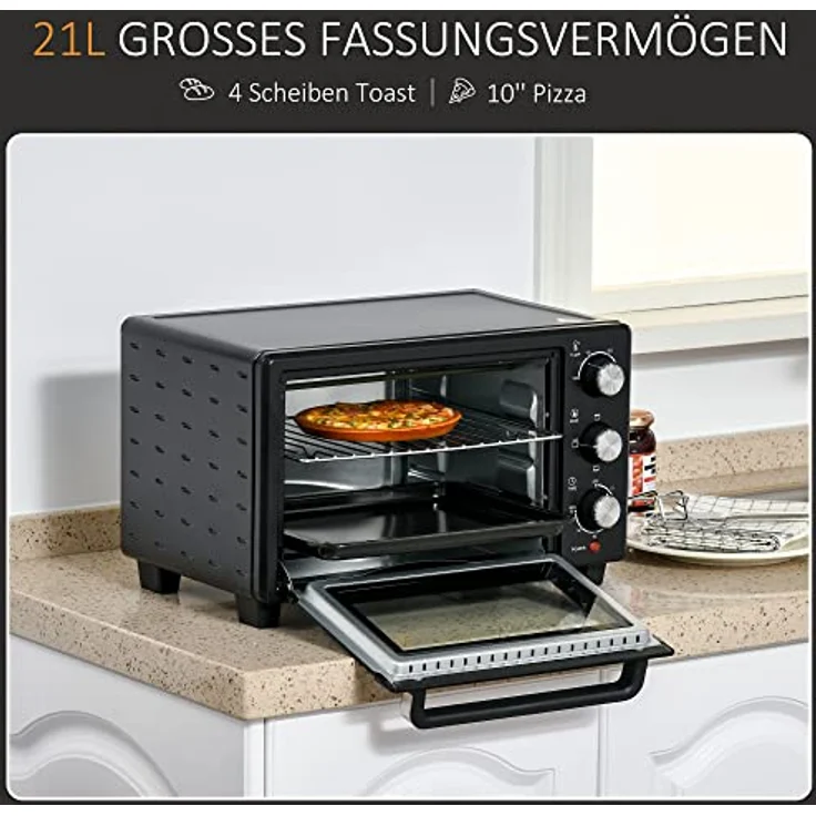 HOMCOM Minibackofen 21L mit 1 Drahtgestell und 1 Backblech 3 Kochmodi 100 °C-230 °C einstellbare Temperatur Miniofen 1400W Pizzaofen mit Grillrost Edelstahl Glas Schwarz+Silber – Bild 4