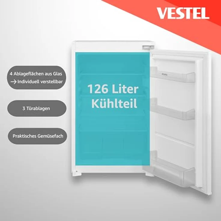 Vestel VEKS2136-1 Einbaukühlschrank ohne Gefrierfach | Nische/Höhe 88cm | 126 Liter | Vollraumkühlschrank | Weiß – Bild 3