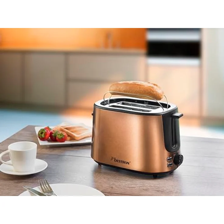 Bestron Toaster mit 2 Röstkammern, Krümelschublade und Brötchen-Röstaufsatz, 1.000 W, Edelstahl in Kupfer-Optik – Bild 5