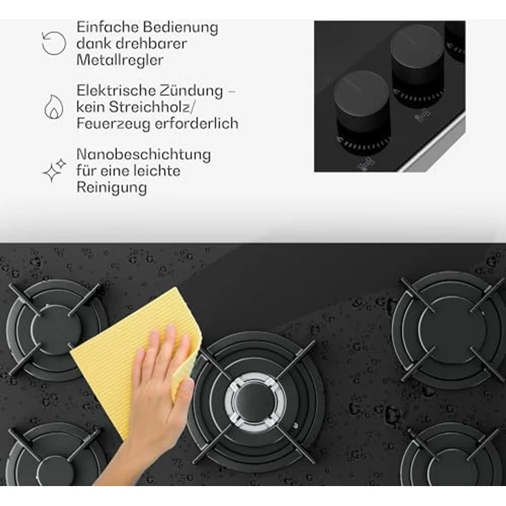 Klarstein Velaire PG9051G-ACB, Gaskochfeld mit 5 Brennern, elektrischer Zündung, Aluminium, 10400 W – Bild 6
