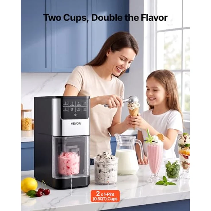 VEVOR Eismaschine 7-in-1, Gelato, Sorbet, Milchshake, Frozen Yogurt & Light-Eiscreme, mit Ein-Knopf-Funktion, doppelten 0,5-Liter-Bechern, spülmaschinenfest, glatte cremige Textur – Bild 3
