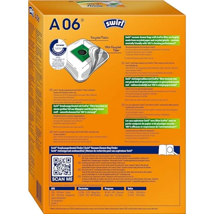 Swirl A06 Airspace MicroPor® Plus Green Staubsaugerbeutel, 4er Pack mit Anti-Allergen-Filter und Dirtlock® Staubverschluss – Bild 2