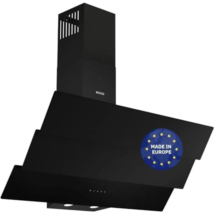 Wiggo B943G Dunstabzugshaube 90cm kopffrei I Abluft Umluft Dunstabzug 615m³/h - Touch-Display 4 Stufen I Energieeffizienzklasse B Schräghaube inkl. 2x Kohlefilter I Abzugshaube Glasfront schwarz