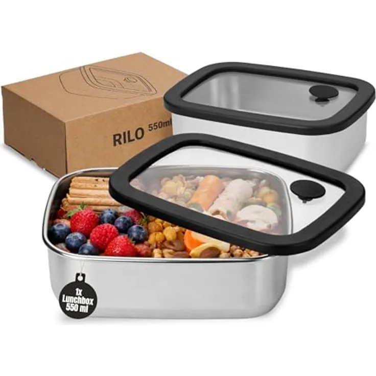 elasto Edelstahl Lunchbox RILO, Brotdose mit Glasdeckel, 550 ml, auslaufsicher, silber/blau, für Kinder & Erwachsene