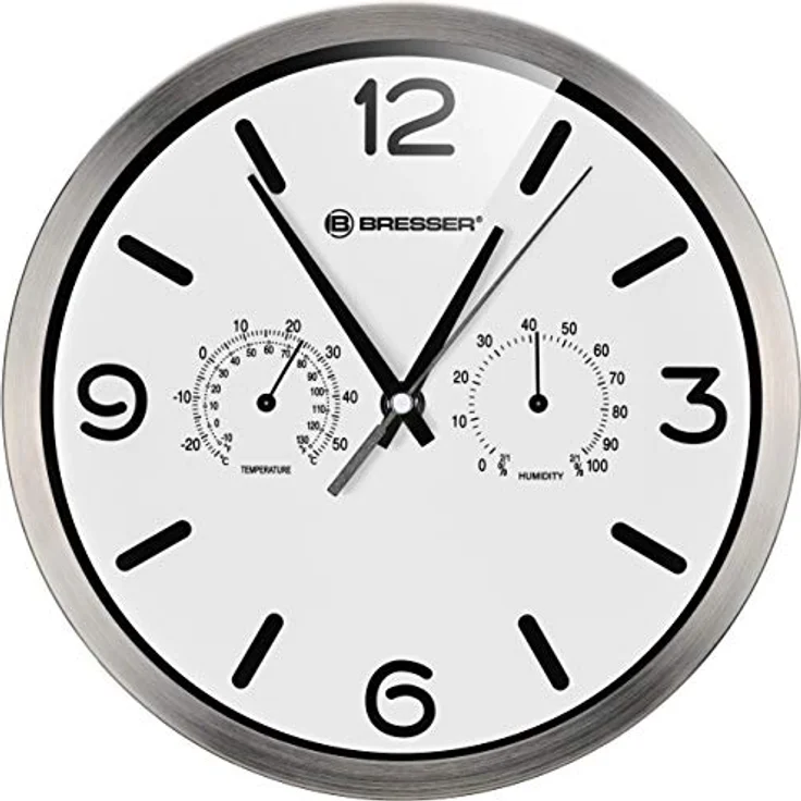 Bresser Funkuhr Wanduhr MyTime ND Thermo-Hygro mit geräuschlosem Funkuhrwerk, Edelstahlrahmen und Anzeige für Temperatur und Luftfeuchtigkeit, Weiß – Bild 2