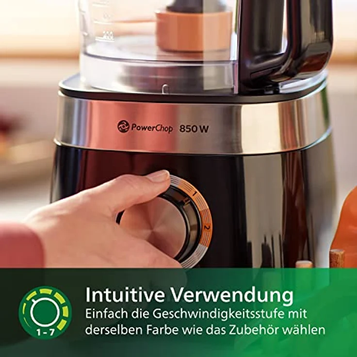 Philips HR7530-10 Küchenmaschine Viva Collection, 850 W, 31 Funktionen, 2L Füllkapazität, 2-in-1 Schneidescheibe, Zitruspressenaufsatz, Standmixeraufsatz, schwarz – Bild 4
