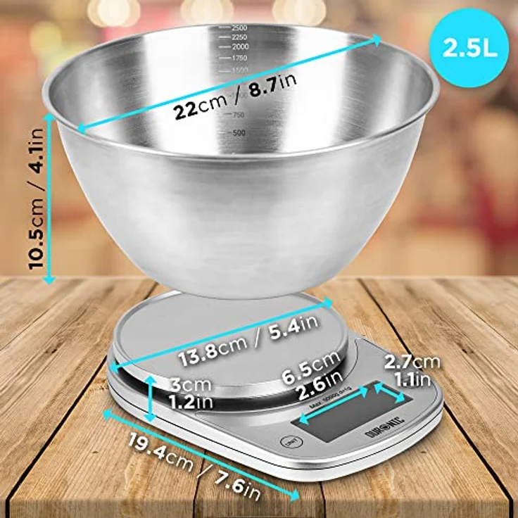 Duronic KS5000 SR/SS Küchenwaage | 5 kg Digitalwaage oval mit 2,5 L abnehmbarer Schüssel | 1 g grammgenau Präzision-Feinwaage | Haushaltswaage mit Tara-Funktion | Digitale Waage mit Hold-Funktion – Bild 2