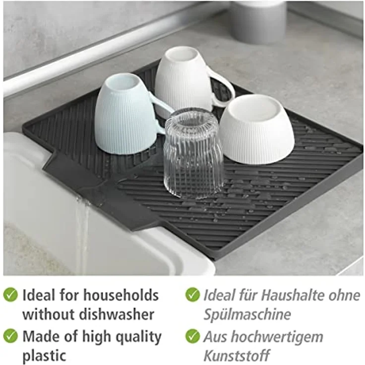 WENKO Abtropfmatte Nelia, Gummimatte mit Rillenstruktur und geneigter Fläche für optimalen Wasserablauf, seitliche Erweiterung des Spülbeckens, aus hochwertigem Kunststoff, 34 x 3 x 40 cm, Grau – Bild 3