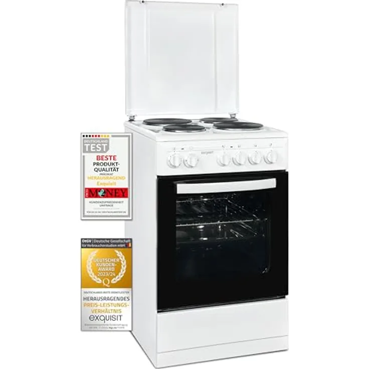 Exquisit Standherd 50 cm, Massekochfeld, 48 l Garraum, einfach zu bedienen, Elektro-Standherd weiss
