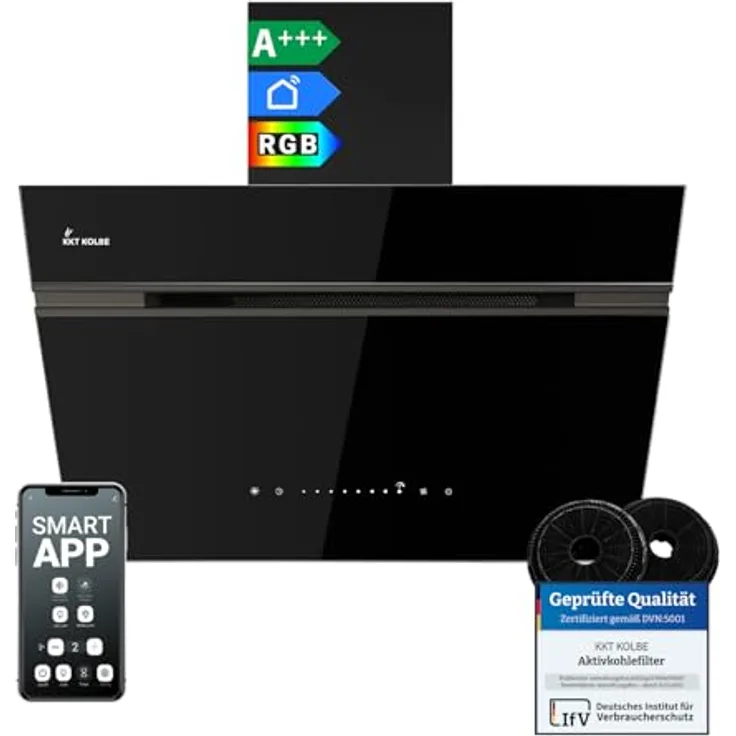 KKT KOLBE AURORA6005FB Dunstabzugshaube 60 cm, 782 cbm/h, Kopffrei, Schwarz, Glas, Smart WiFi App, Nachlaufautomatik, SensorTouch, RGBW LED-Beleuchtung, A+++