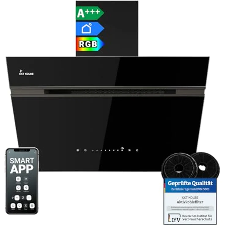 KKT KOLBE AURORA6005FB Dunstabzugshaube 60 cm, 782 cbm/h, Kopffrei, Schwarz, Glas, Smart WiFi App, Nachlaufautomatik, SensorTouch, RGBW LED-Beleuchtung, A+++ – Bild 1