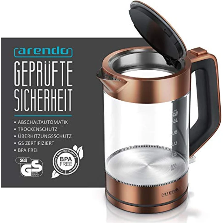 Arendo Glas Wasserkocher Edelstahl 2200 W 1,7 L Kupfer – Bild 3