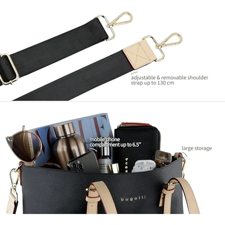 Bugatti Shopper Ella, L Einkaufstasche aus hochwertigem Kunstleder mit Bag in Bag, Schwarz – Bild 5