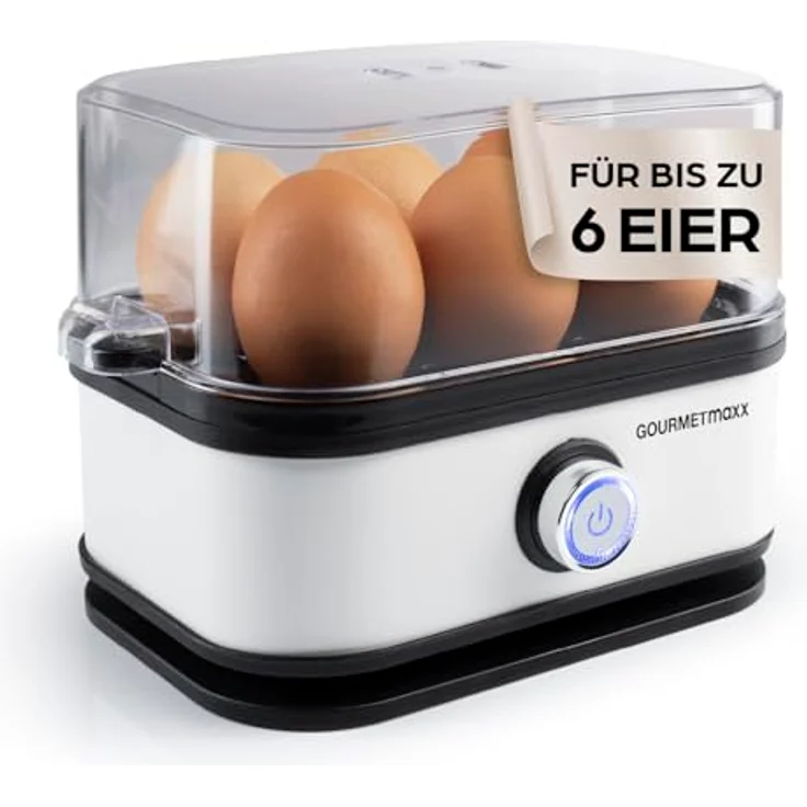 GOURMETmaxx Eierkocher für 6 Eier, Egg Boiler mit Eierstecher und 3 Härtegraden, Design Eierkocher Weiß - spülmaschinenfeste Teile – Bild 1