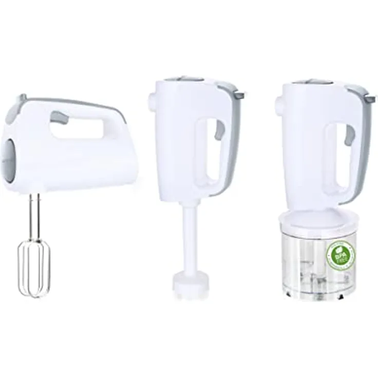 Emerio Handmixer-Set mit revolutionärem 1-Finger-Speed-Control, Quirl Mixer Zerkleinerer, 3in1, kinderleichte Handhabung, kraftvolle 300 Watt, BPA frei, Soft Griff, leicht zu reini Grau