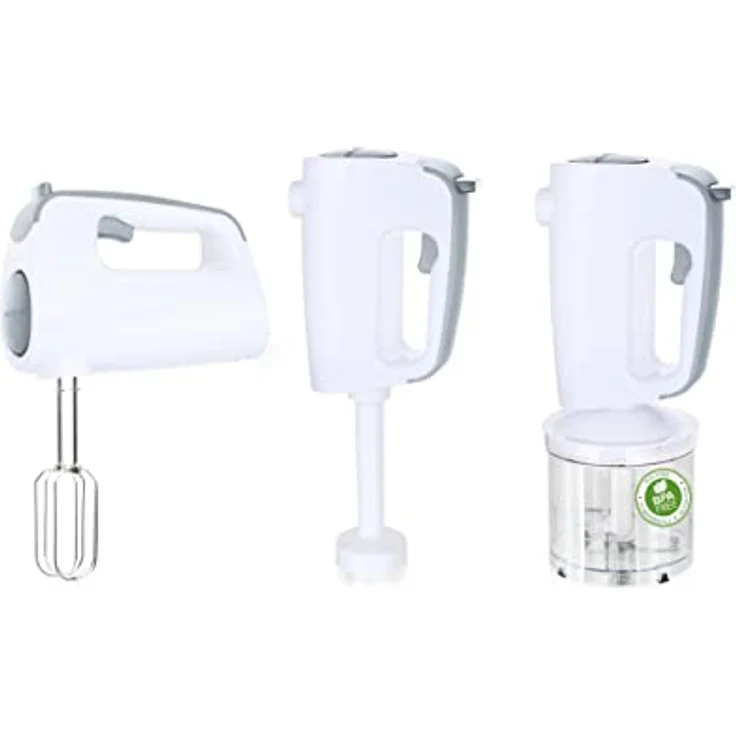 Emerio Handmixer-Set mit revolutionärem 1-Finger-Speed-Control, Quirl Mixer Zerkleinerer, 3in1, kinderleichte Handhabung, kraftvolle 300 Watt, BPA frei, Soft Griff, leicht zu reini Grau – Bild 1