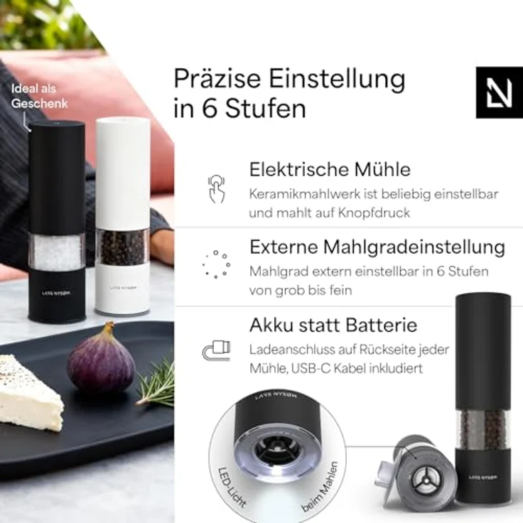 LARS NYSØM Salz- und Pfeffermühle Elektrisch 2er Set, Edelstahl mit einstellbarem Keramik-Mahlwerk, USB-C wiederaufladbar, LED-Licht, Carbon Black – Bild 2
