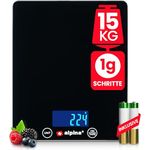 alpina Küchenwaage digital Scale Waage - bis 15 kg in 1 g Schritten - flache digitale Küchenwaage 22,5 x 18,5 x 2 cm mit gehärtetem Glasboden - g, kg, ml, oz, fl´oz, lb:oz, Schwarz