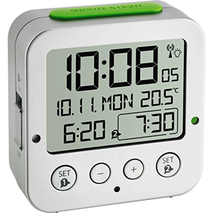 TFA Dostmann 60.2528.54 Bingo Funk-Wecker, autom. Hintergrundbeleuchtung, Datum, Temperaturanzeige und zwei Weckzeiten, Silber-grün, L 81 x B 33 x H 81 mm – Bild 1