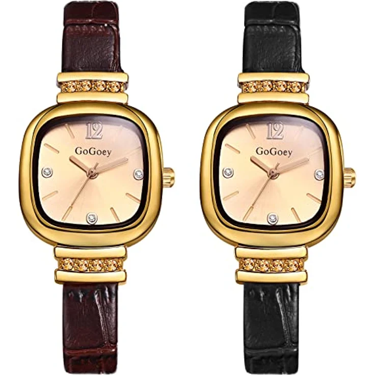 JewelryWe 2pcs Damen Analog Quarz Armbanduhr, quadratisch, Strass, PU Leder Armband, schwarz/braun, wasserdicht – Bild 1
