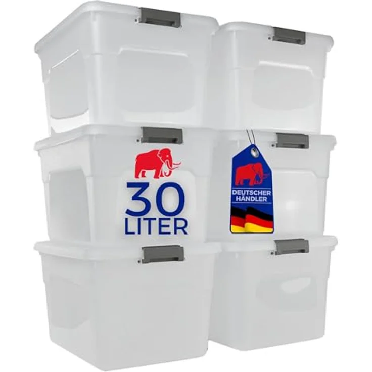 PROREGAL Aufbewahrungsbox 30L, transparent, 6er Set mit Deckel, stapelbar, Kunststoff mit Verschlussclips, vielseitiger Aufbewahrungsbehälter für Haushalt und Büro – Bild 1