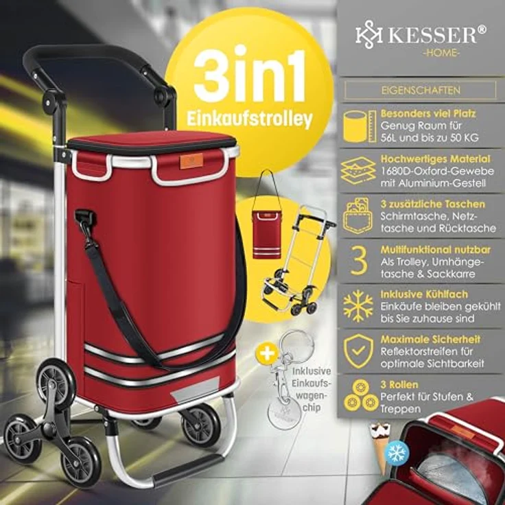 KESSER® Einkaufstrolley Treppensteiger mit Kühlfach, klappbar, 56L Kapazität, belastbar bis 50kg, 3in1 Trolley Sackkarre & Umhängetasche, Bordeaux – Bild 2