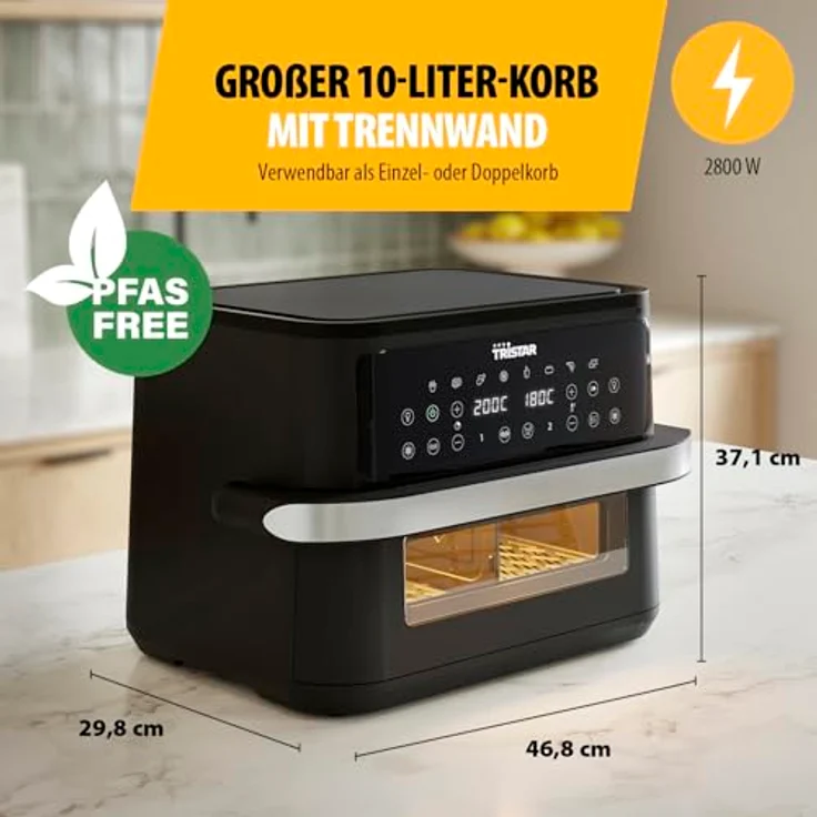 Tristar FR-9432 Dualzone Flex Heißluftfritteuse, 10 L, 2800W, 8 Programme, digitales Display, ohne Öl, automatische Abschaltung, antihaftbeschichtet, spülmaschinengeeignet – Bild 2
