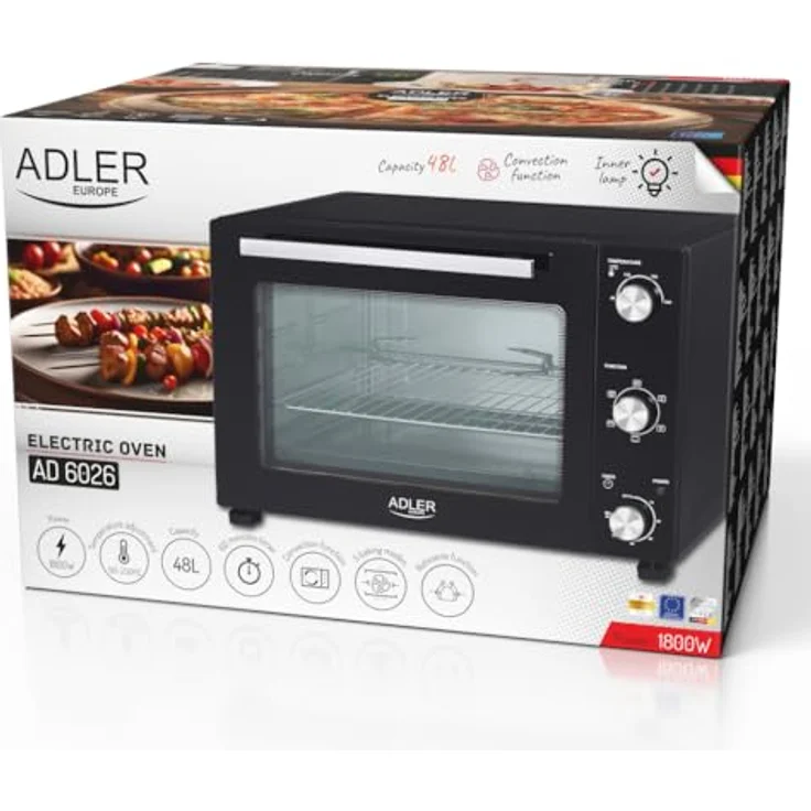 Adler Minibackofen AD 6026, Elektrobackofen, 48L, Umluft, Timer, Drehspieß, schwarz – Bild 9