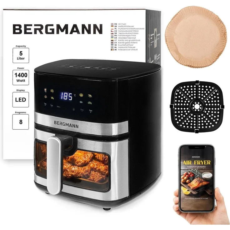 BERGMANN YA 5L Heißluftfritteuse, 1400 W, 8 Automatikprogramme, Touchdisplay, Schwarz