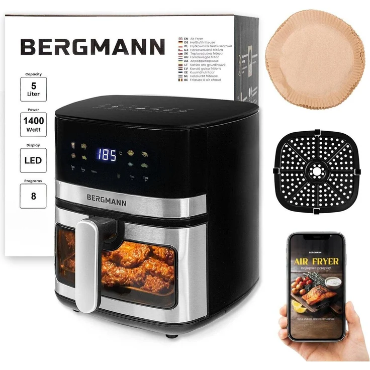 BERGMANN YA 5L Heißluftfritteuse, 1400 W, 8 Automatikprogramme, Touchdisplay, Schwarz