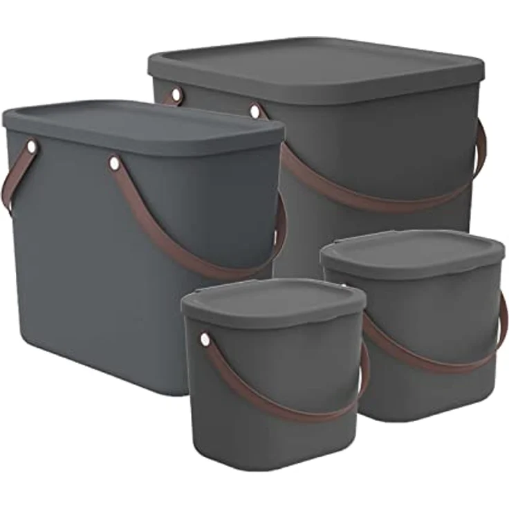 Rotho Albula 4er-Set Aufbewahrungsbox 1x40l +1x25l + 2x6l mit Deckel, Kunststoff (PP recycelt), Anthrazit, stapelbar, platzsparend, mit Trageriemen – Bild 1